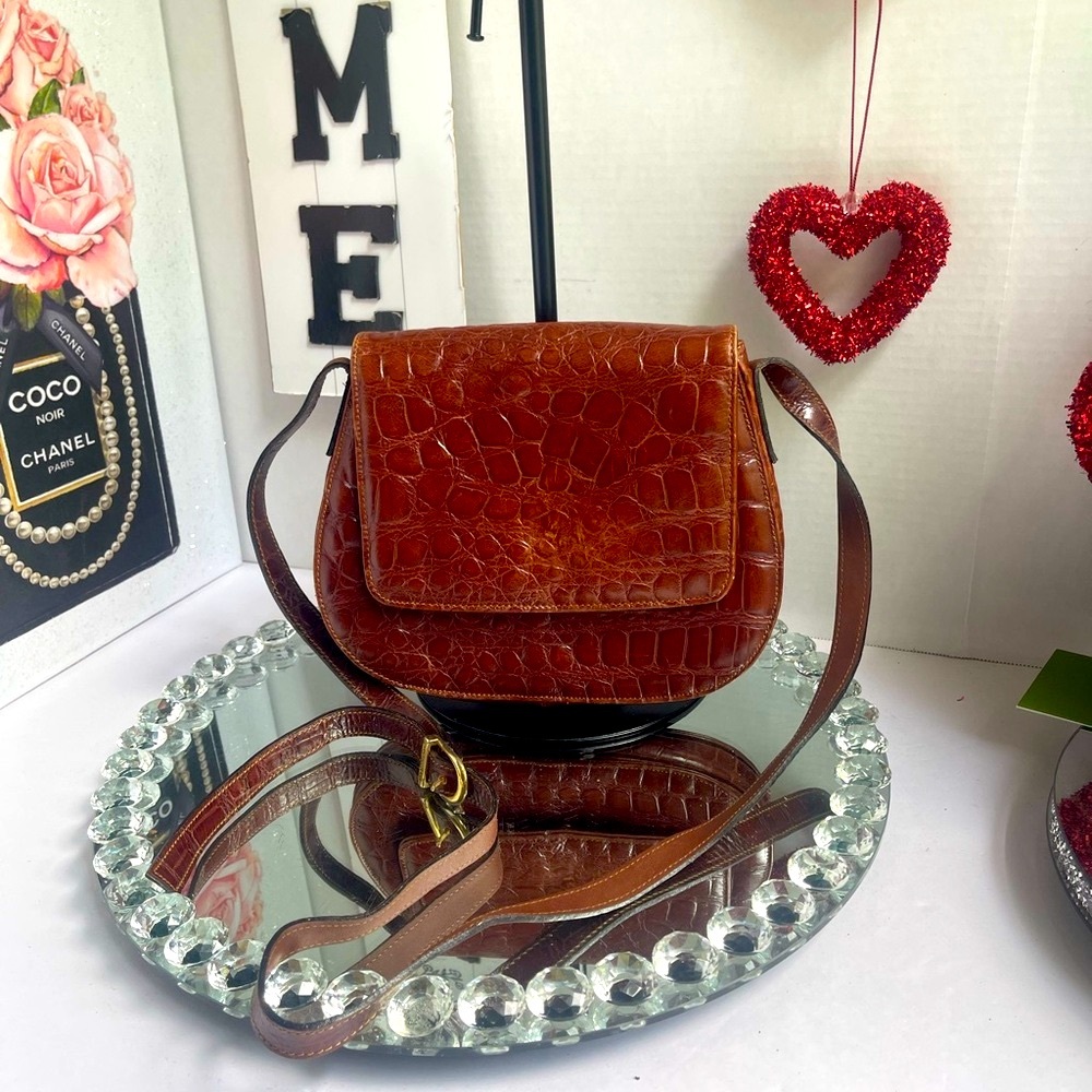 Vintage Francesco Biasia Croc-Embossed Brown Leather Crossbody Bag